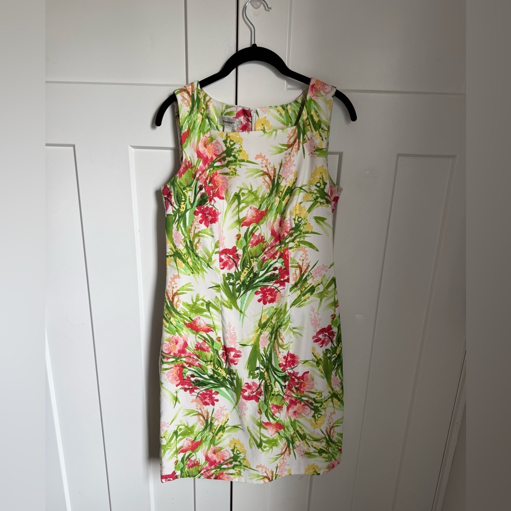dressbarn White Midi Sheath Dress with Pink Floral & Green Foliage size 8.